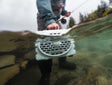 A lifestyle photo of a fisherman put his Turtlebox under water. #speaker-color_white