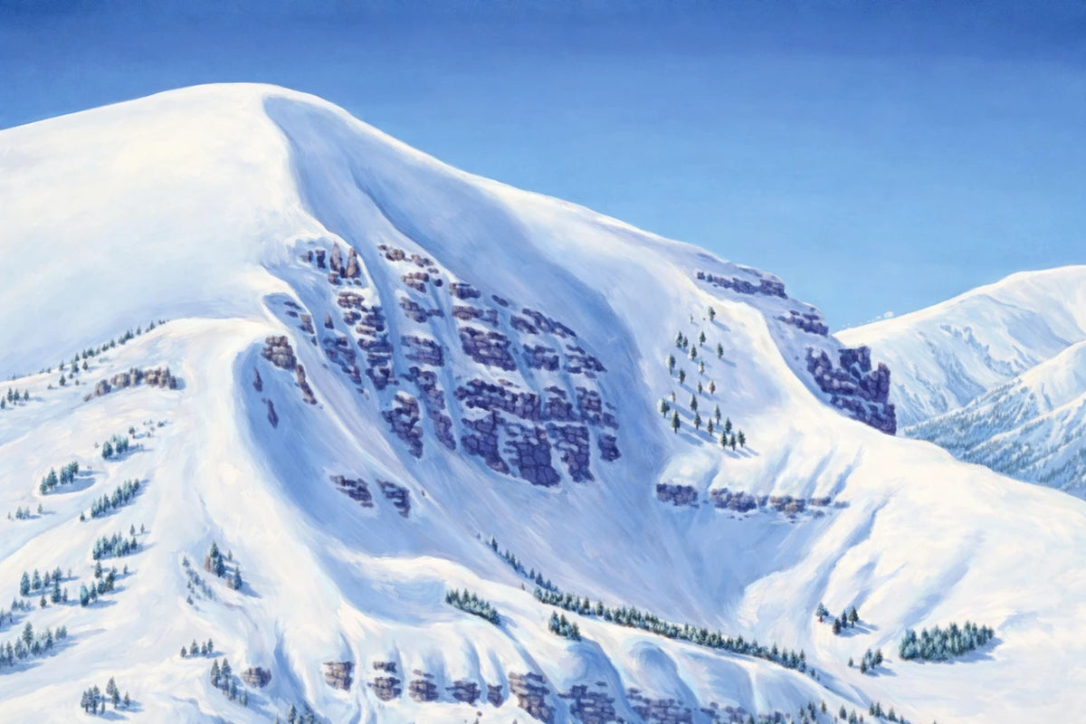 Snowy mountain landscape with trees and clear blue sky