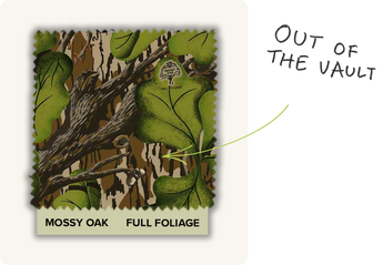 Swatch of the Mossy Oak Full Foliage pattern with the Mossy Oak Logo.