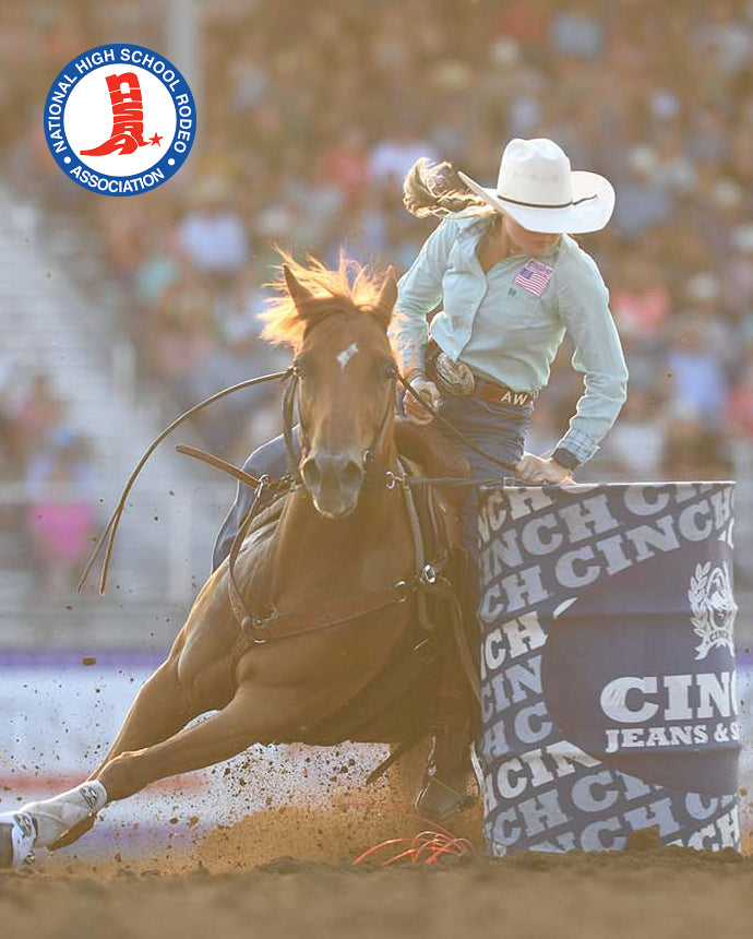Cowgirl barrell racing, going around a barrel closely with the National High School Rodeo Association logo on the image.