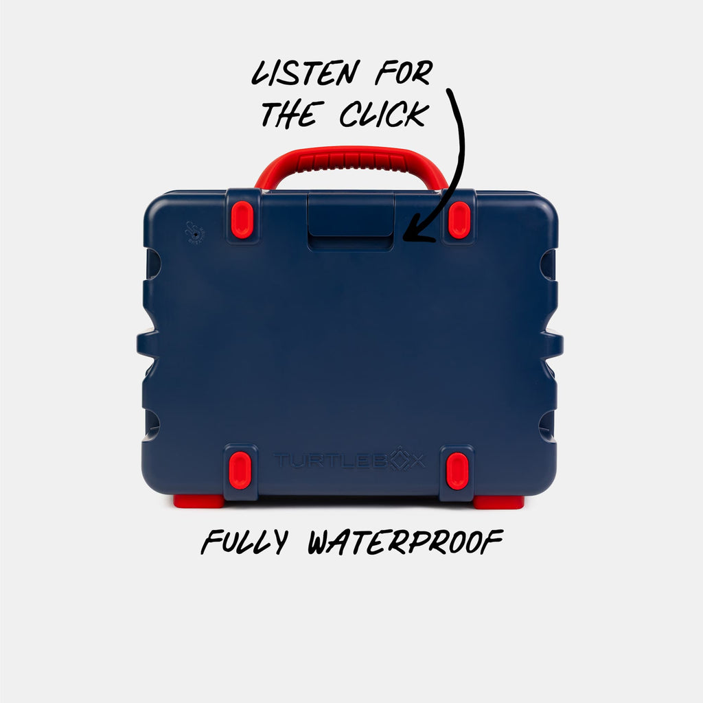 Blue and red toolbox with text indicating it is fully waterproof and to listen for a click. #speaker-color_americana-blue