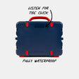 Blue and red toolbox with text indicating it is fully waterproof and to listen for a click. #speaker-color_americana-blue