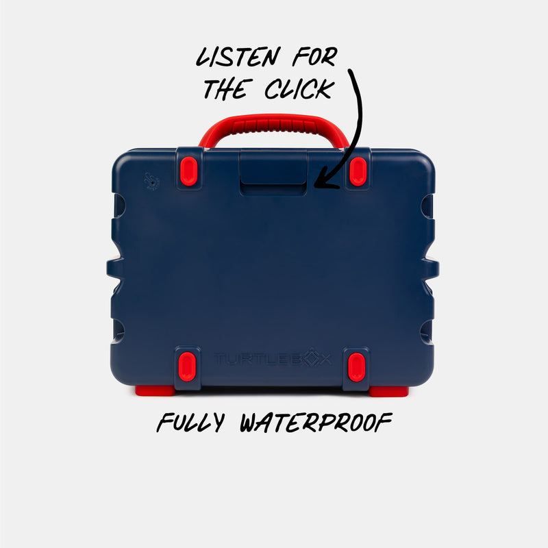Blue and red toolbox with text indicating it is fully waterproof and to listen for a click. #speaker-color_americana-blue