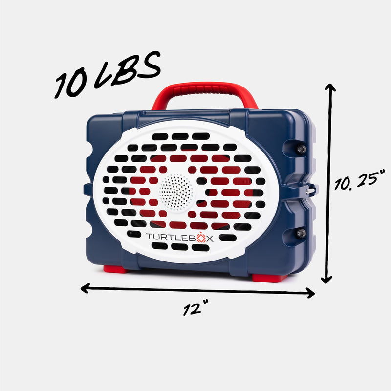 Turtlebox with dimensions and weight label on a white background #speaker-color_americana-blue