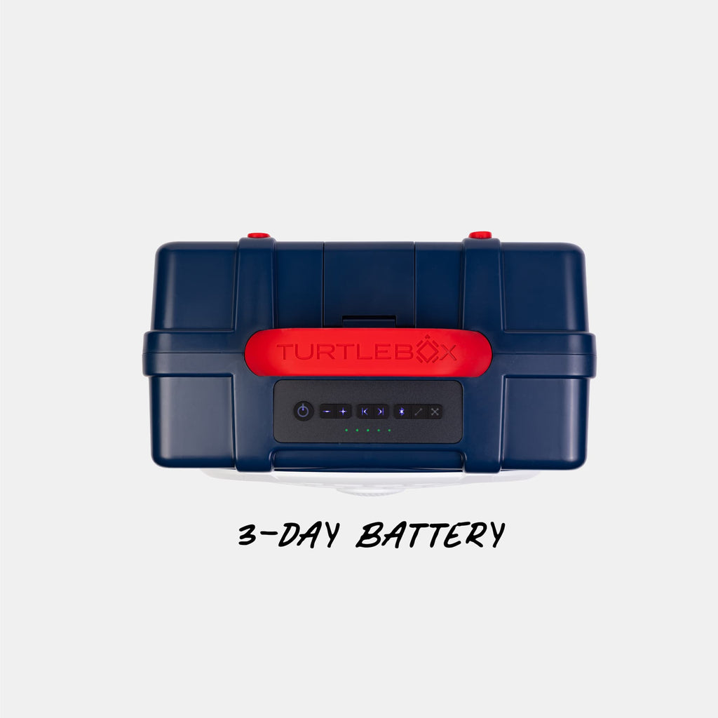 Blue and red storage box with 'Turtlebox' branding on a light gray background #speaker-color_americana-blue