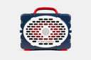 Blue and red portable device with a white grille and 'TurtleBox' branding on a light gray background. no-gallery