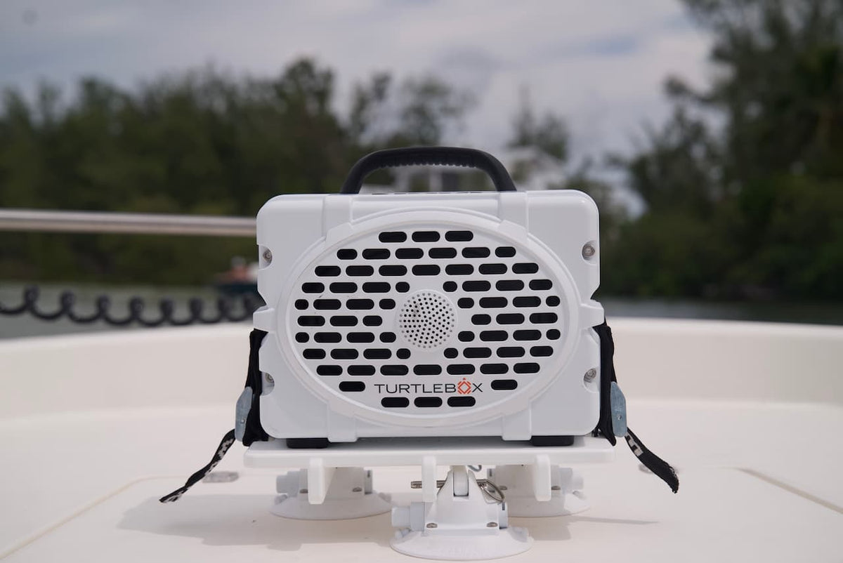 A lifestyle image from the Original Gen 3 in the Boat mount support attached with straps #mount-color_white