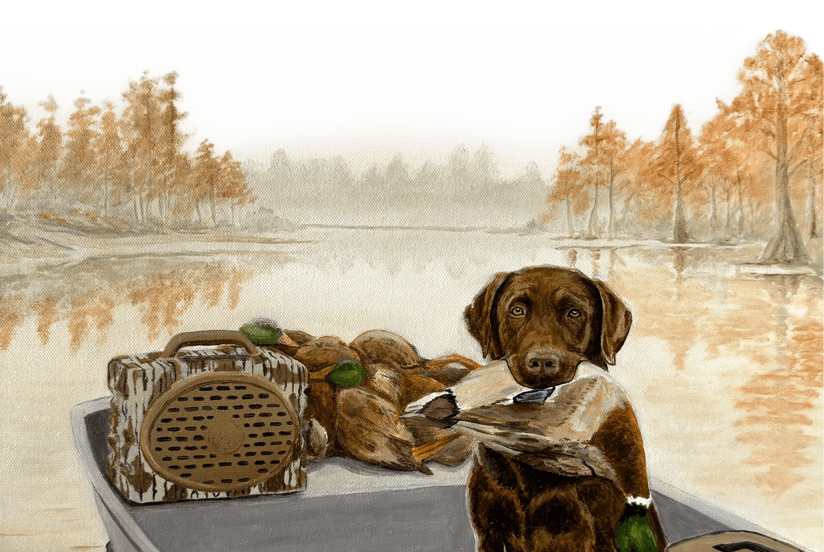 A painted hunting scene showing a brown dog sitting in a small boat on a lake, with ducks, a radio, and duck hunting gear around it. Trees along the shoreline have warm autumn foliage.