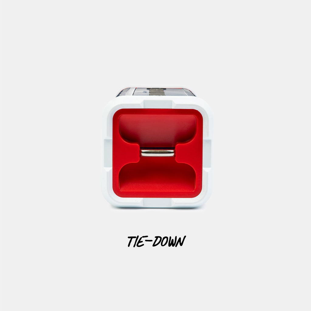 Red and white tie-down system on a white background with 'TIE-DOWN' branding #base-color_americana-blue