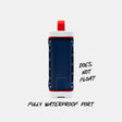 Blue and red waterproof device with text indicating it does not float #base-color_americana-blue