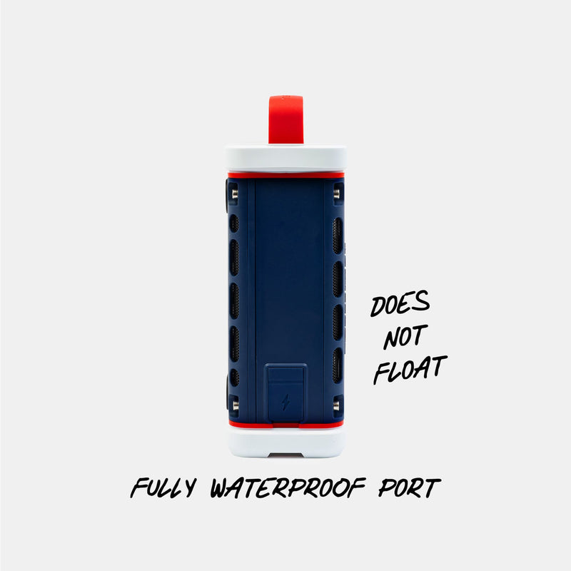 Blue and red waterproof device with text indicating it does not float #base-color_americana-blue