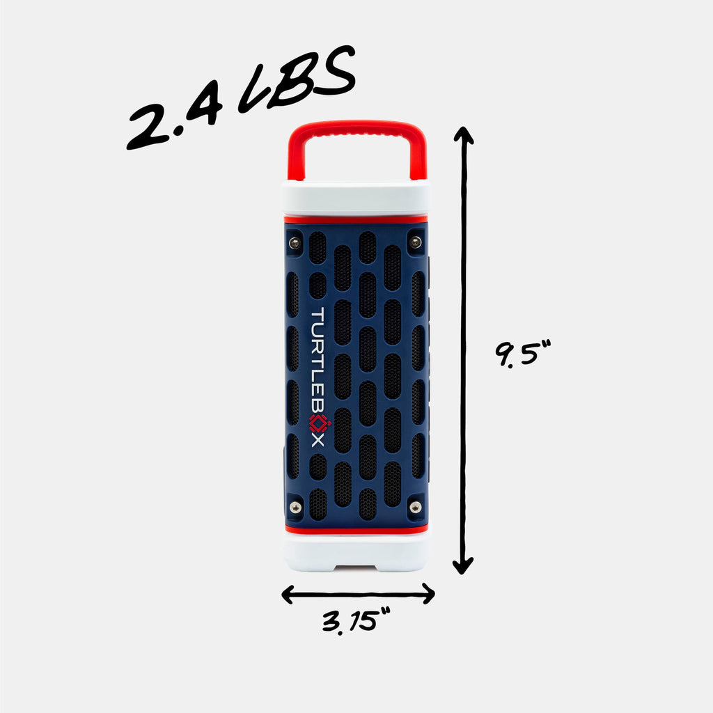 Turtle Beach gaming device with measurements and weight label on a white background #base-color_americana-blue