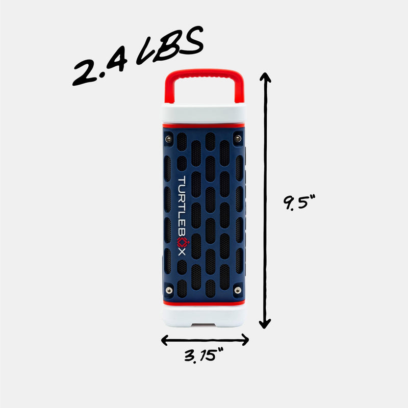 Turtle Beach gaming device with measurements and weight label on a white background #base-color_americana-blue