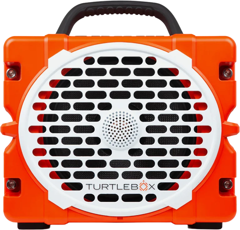 Orange portable speaker with a black handle and visible brand logo on a white background
