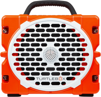 Orange portable speaker with a black handle and visible brand logo on a white background